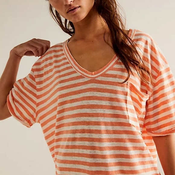FREE PEOPLE We The Free ALL I NEED TEE, V Neck Striped, Oversized, Front Pocket - Picture 15 of 16